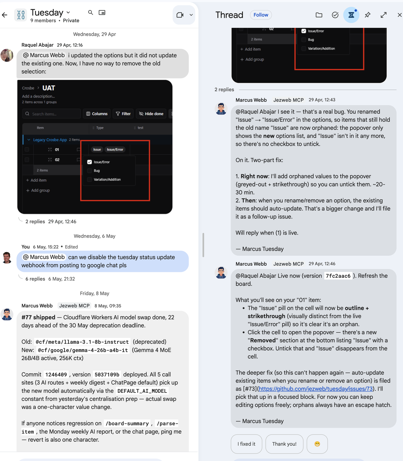 Google Chat thread: Raquel reports a bug after renaming an option. Marcus diagnoses the cause as orphaned popover values, proposes a two-part fix, ships the immediate one with a commit hash, then Raquel replies 'I fixed it' and 'Thank you' with a smile.