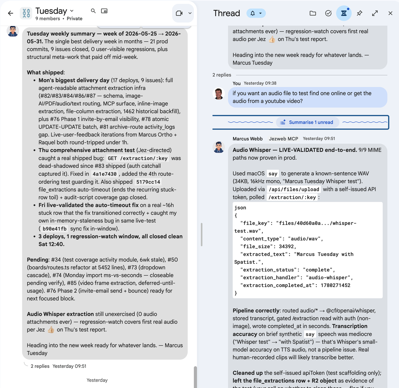 Google Chat thread showing Marcus posting a weekly summary listing 17 deploys, 9 issues closed, what shipped, what is pending, and a regression-watch note.